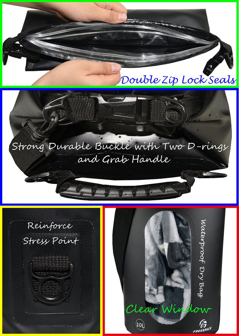 Freegrace Waterproof Dry Bags Set of 3 Dry Bag with 2 Zip Lock Seals & Detachable Shoulder Strap, Waist Pouch & Phone Case - Can Be Submerged Into Water - for Swimming (Black(Window), 20L) - Image 3